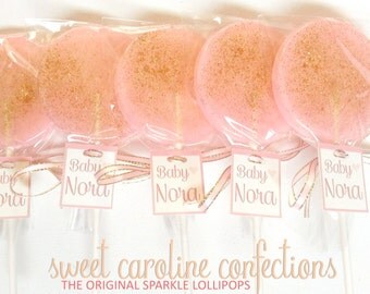 Pink and Gold Baby Shower Lollipops with Custom Tags, Hard Candy Lollipops, Sparkle Lollipops, Sweet Caroline Confections-Set of Six
