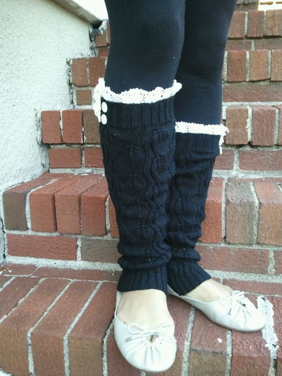 Items similar to Big Sale Leg Warmer Black Leg warmer with Ivory Crochet Lace Trim on Etsy