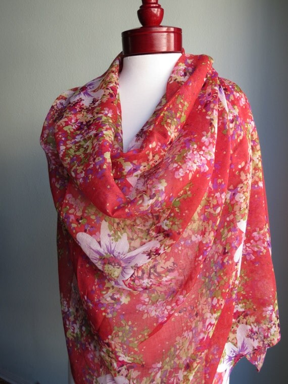 Red Flower Print Woman Scarf Accessories Fancy Neck Scarf