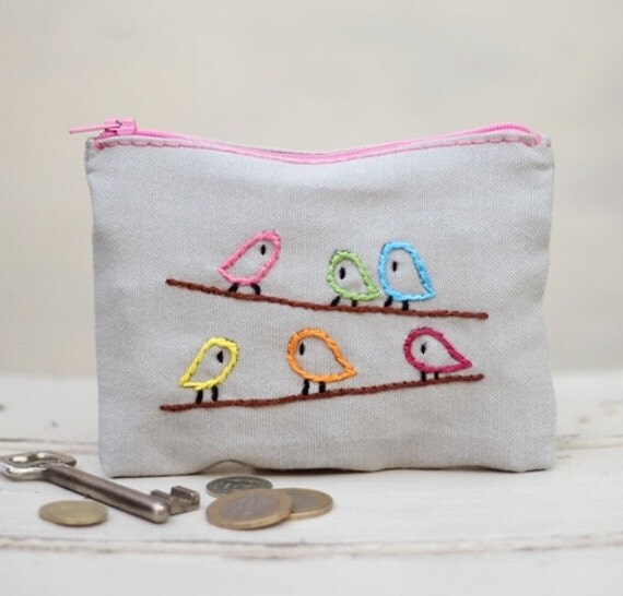 grey bird coin purse - coin pouch - zipper pouch - hand embroidery on linen