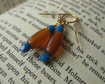 Amber and turquoise glass bead earrings on gold-plated wire