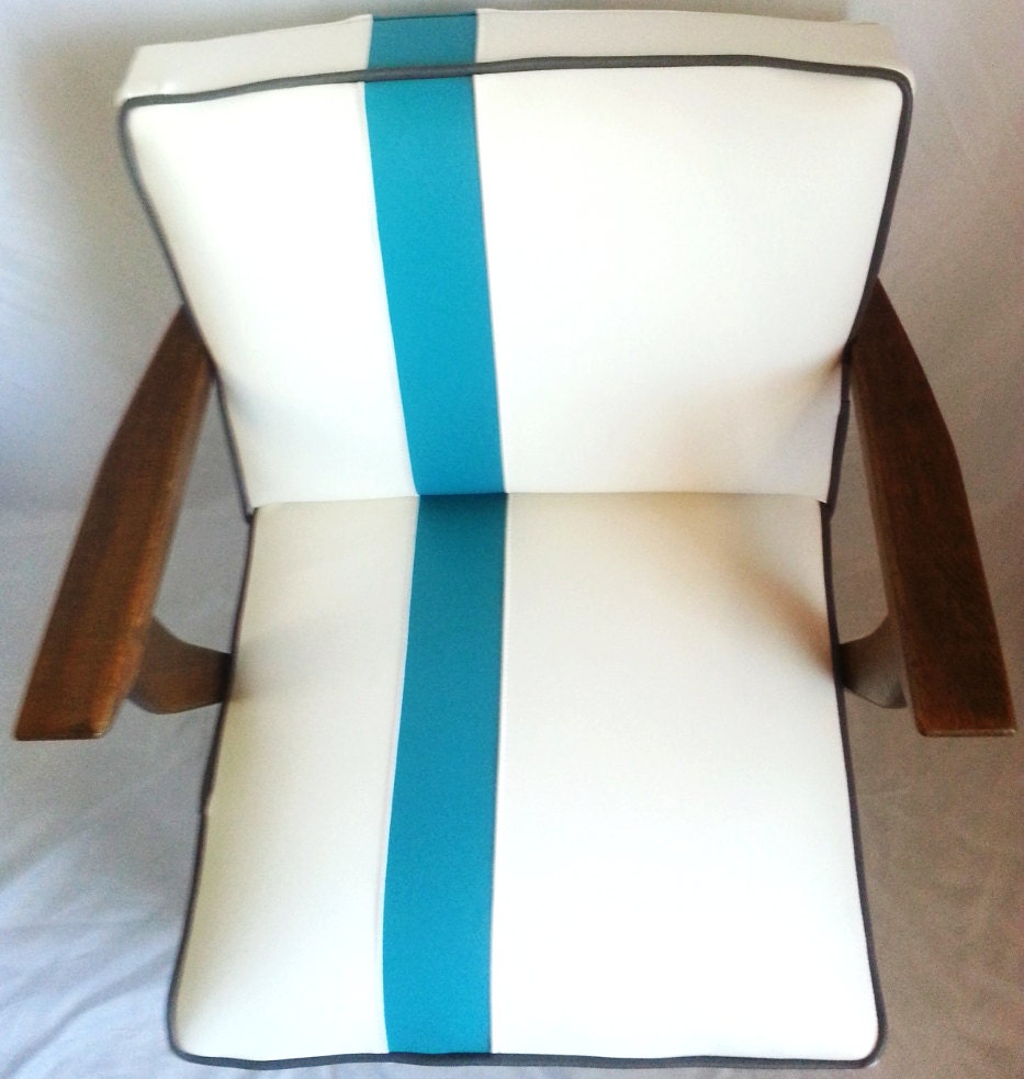 Mid Century Modern Chair White Vinyl with Blue OffCenter