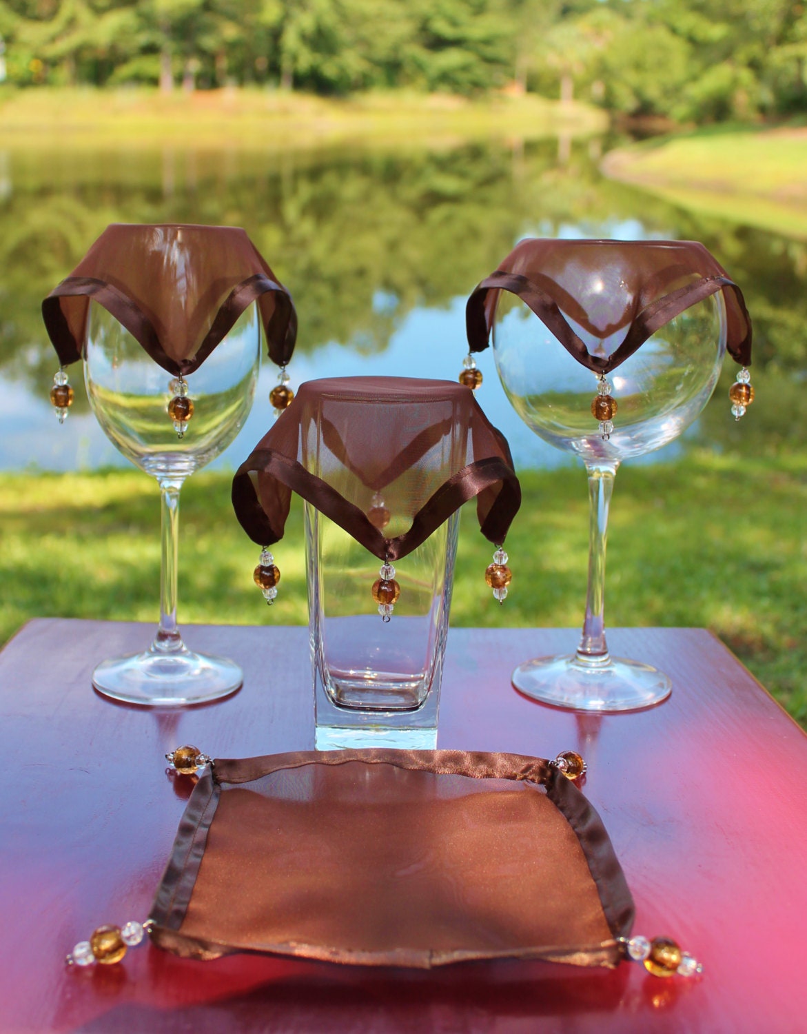 Wine Glass Covers / Brown Sheer with Brown Satin Trim / Drink