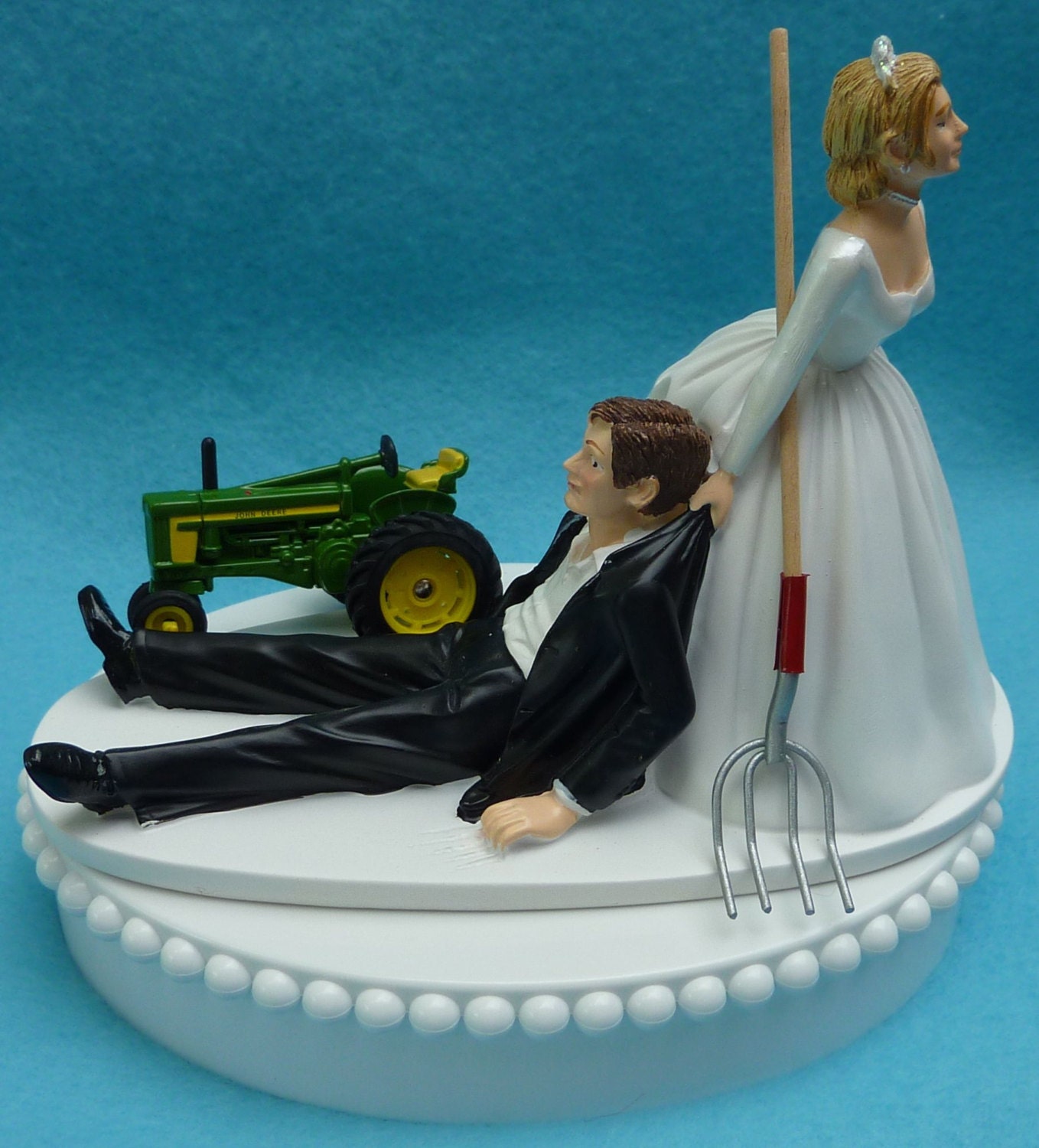 Wedding Cake Topper John Deere Green Tractor Themed w/ Bridal