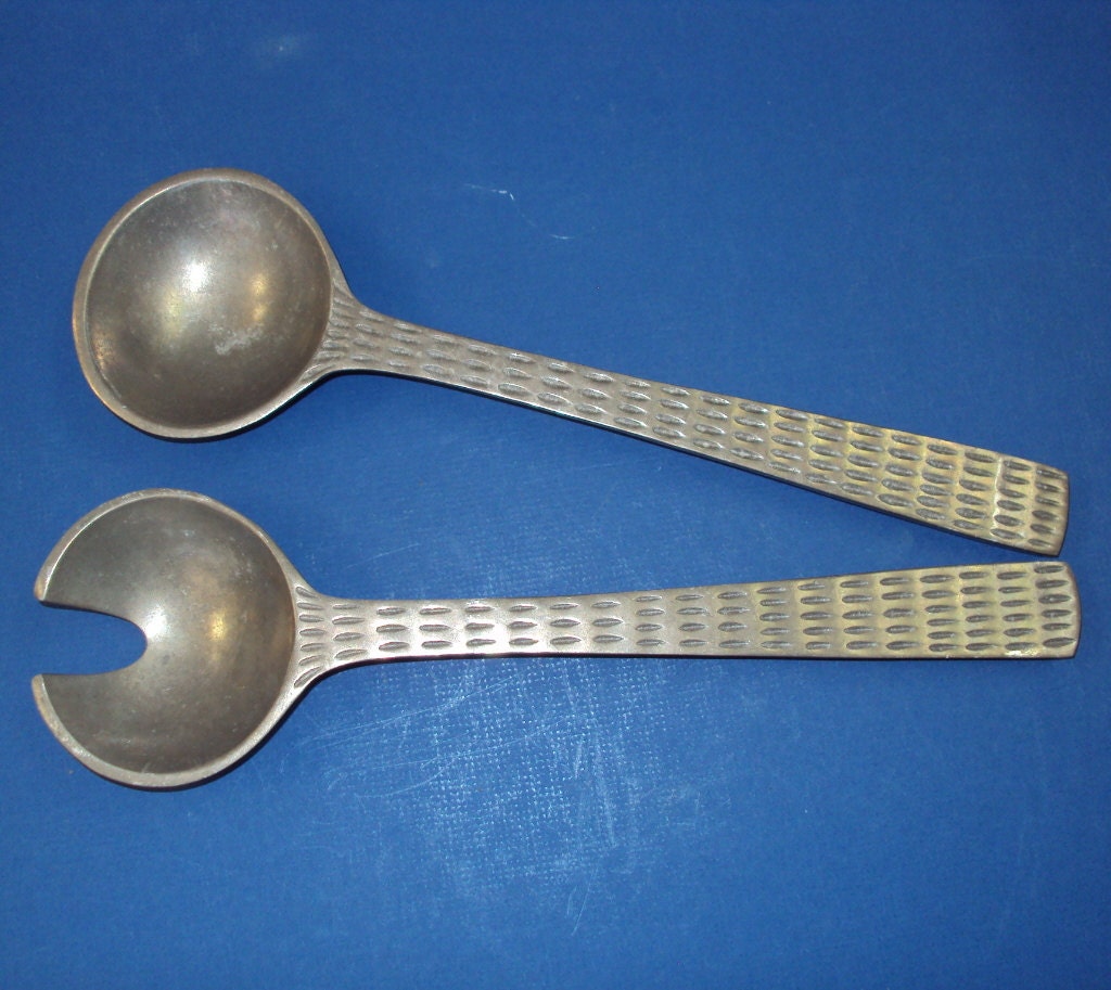 Modern Pewter Salad Serving Fork and Spoon Set