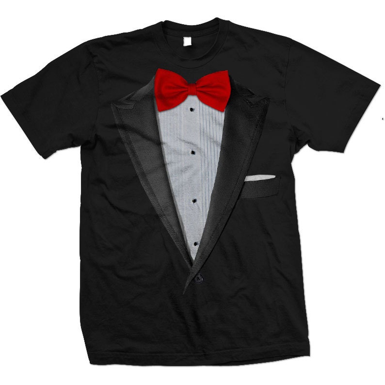 Realistic Tuxedo T-shirt. Tux and Bow tie suit T-shirts and