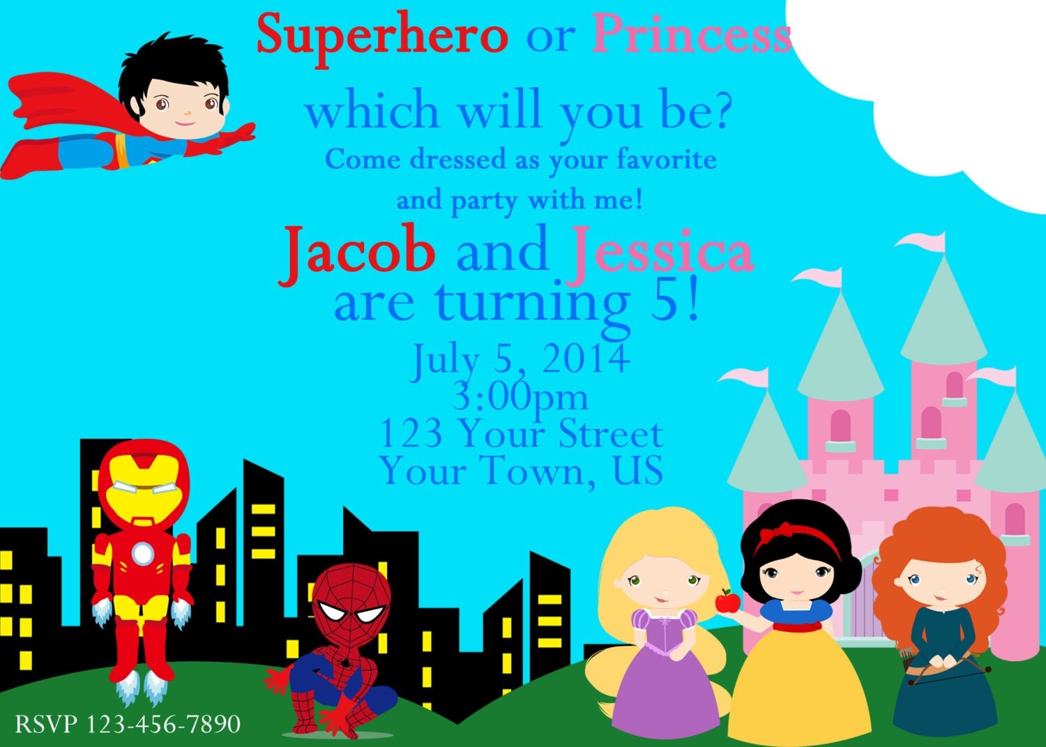 Superhero and Princess Invitation Superhero by DesignsbyCarrieLee