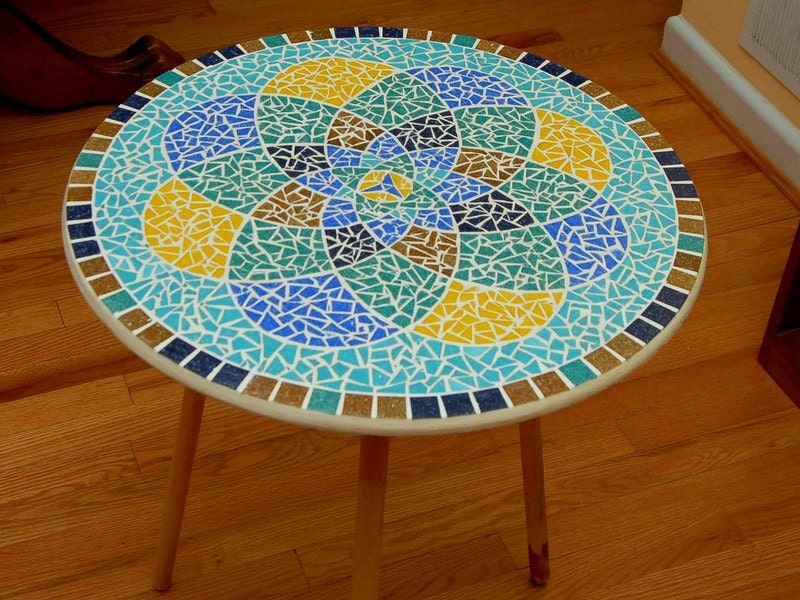 Blue Gold Teal Mandala Glass Mosaic Table Top