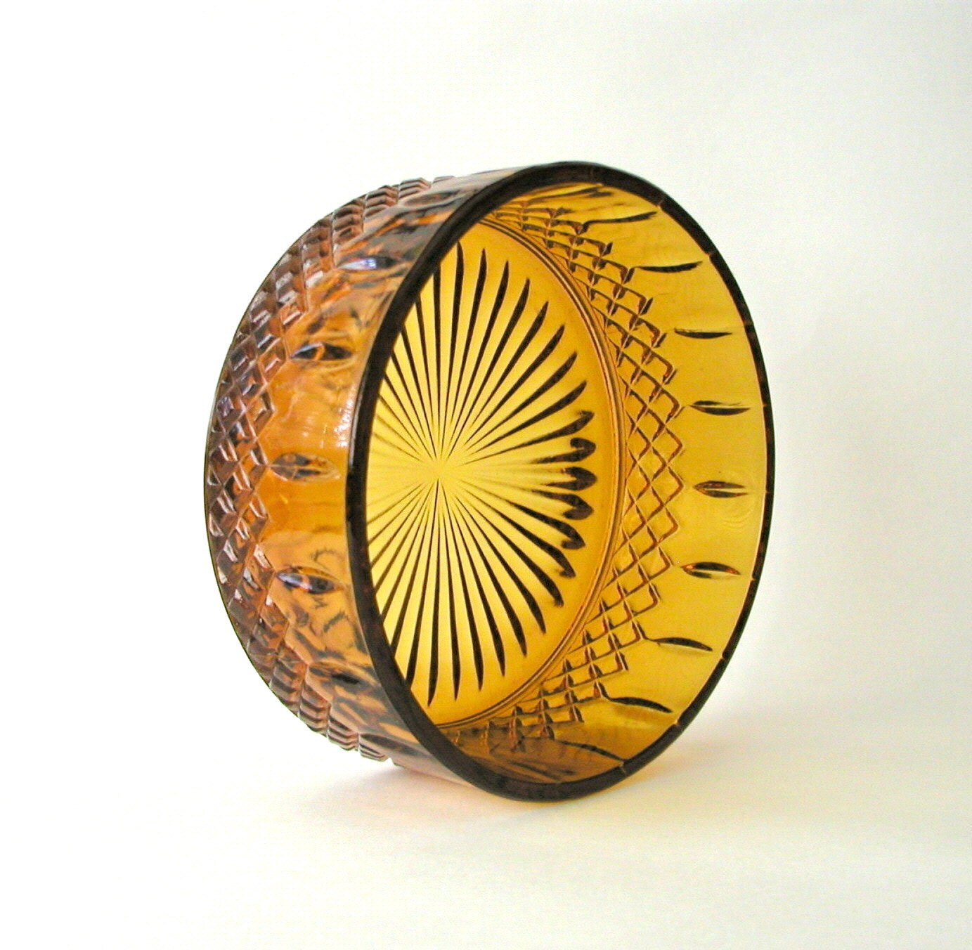 SALE Vintage Clear Amber Diamond Cut Glass Round Bowl Haute Juice