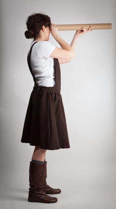 skirt overalls - moleskin / cotton - brown - handmade - maxi pocket