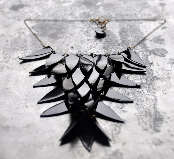 Crow statement necklace in black patent - Handmade in the UK from reclaimed leather - Perfect for Halloween, bird necklace