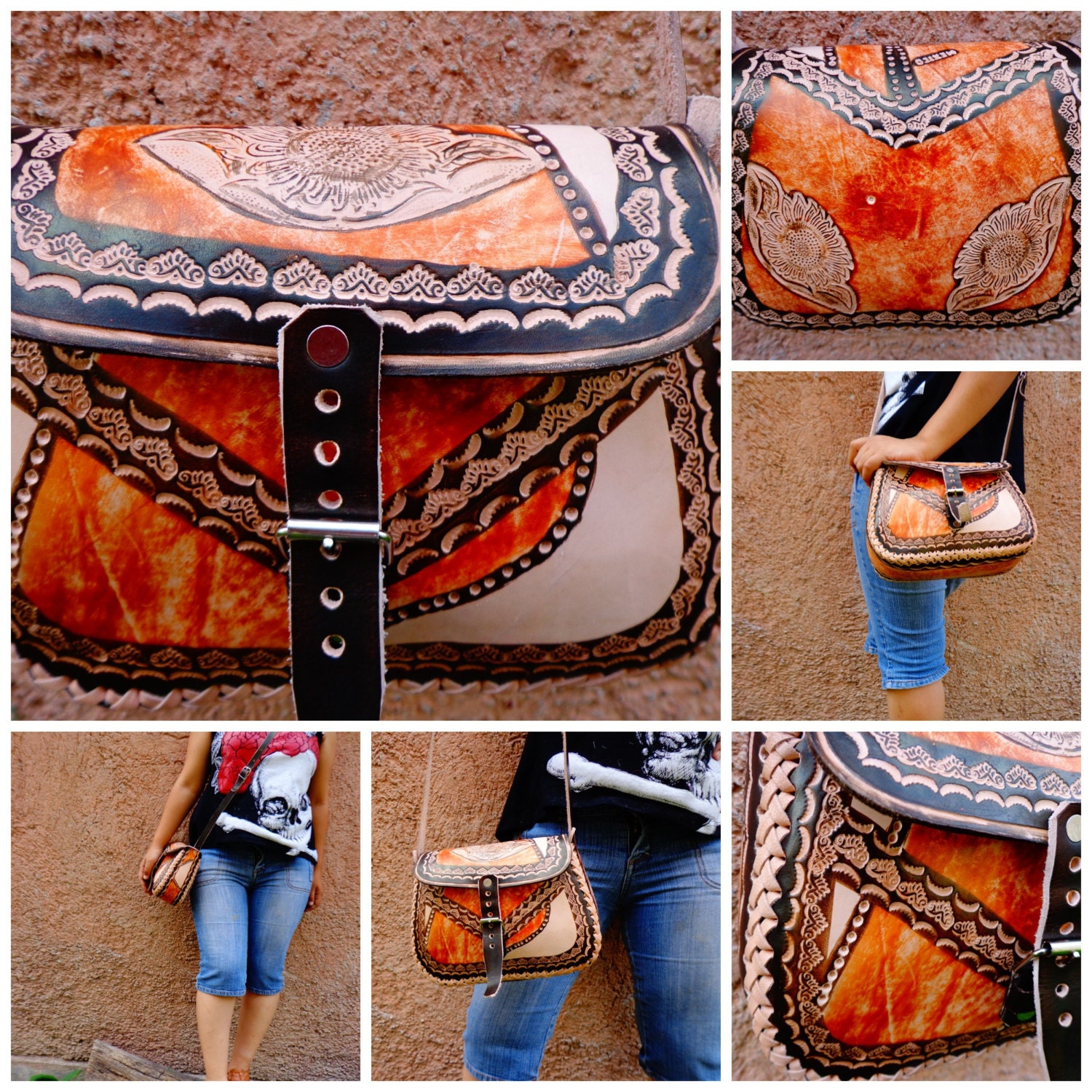 Tooled Leather Mexico Bag//Boho hippie bag//vintage by KUACHIKKILI