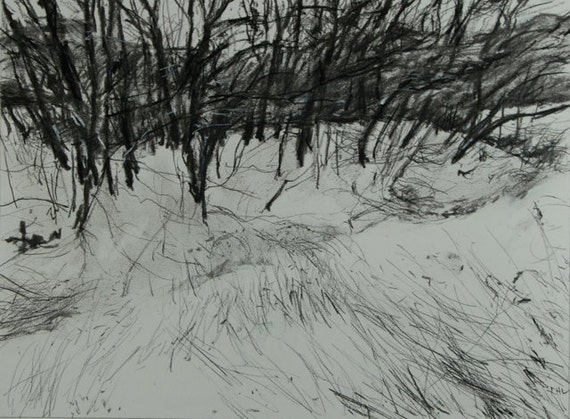 Original Drawing of a Winter Landscape with Field and Trees by