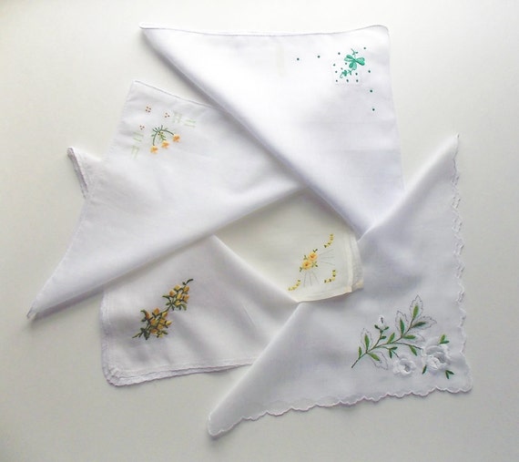 Five Embroidered Hankies Green & Yellow / Five Fine Cotton Handkerchiefs