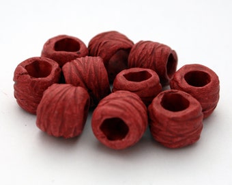 5 Mykonos Greek Matte Ceramic Etched Barrel Beads in Sienna Red - 12 mm