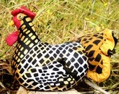 Spring SALE - Cheetah Chicken doll doorstop made to order - with quilted wings and tail, life-like comb and wattle, beady button eyes