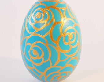 Ceramic Egg with Golden Rose Design - Ceramic - Hand-painted in Aqua and Gold - Decorative Egg - Egg Decor