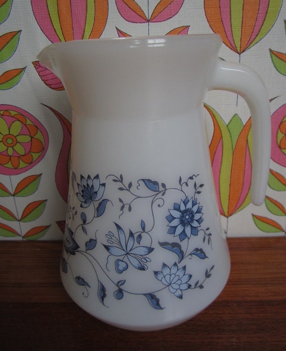 Large Arcopal France Blue Onion Pitcher Jug Carafe White Milk Glass Dark Light Blue Flowers Mid Century Kitchenware Garden Party Summer