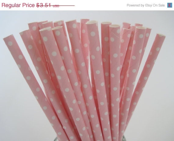 10% off - 25 Pink with white dots Paper Straws - ships less than 24 hours Il_570xn