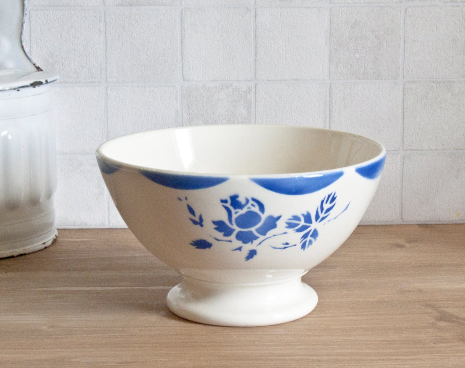 Large Vintage french bowl blue and white floral decor French