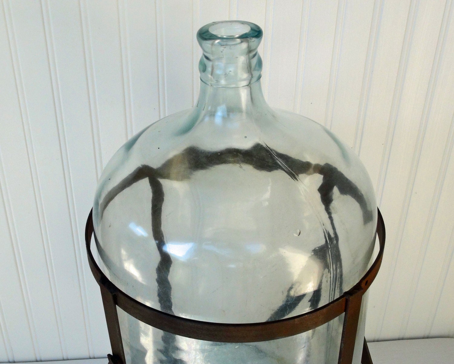 Vintage Glass Carboy Bottle and Metal Stand Rustic by RedouxChic
