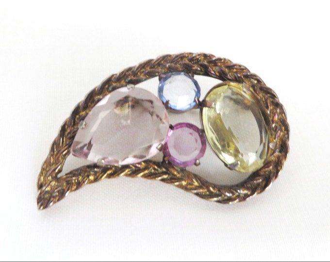 Pastel Teardrop Brooch, Vintage Blue Pink Purple Yellow Glass, Braided Gold Tone Pin