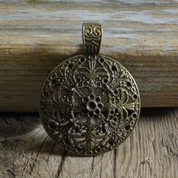 Hammered Round Roman Shield Pendant Antique Brass 50mm 1