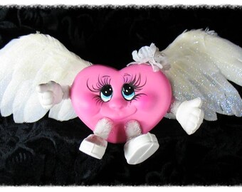 WINGED HEART/hANDMADE/Unique/GiltterWinged/HeartCharater/PinkCeramicValentinesHeart/WeddingShower/HostessGift