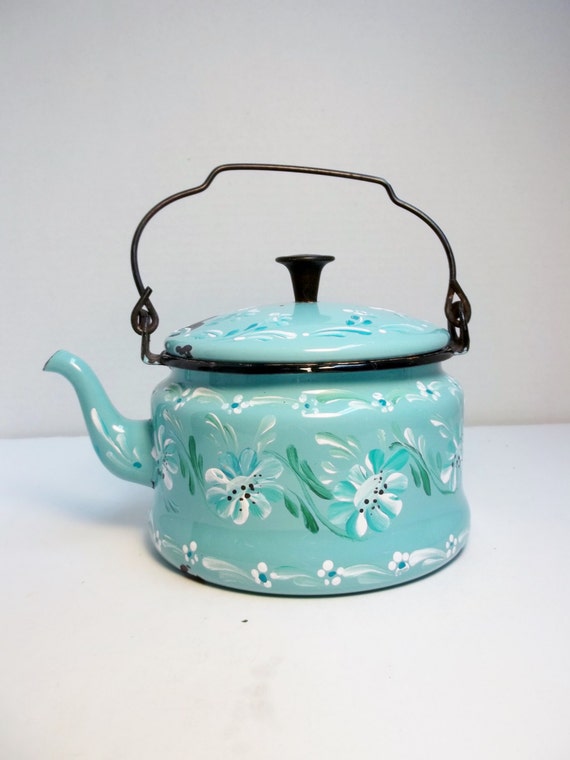 Turquoise Enamelware Tea Kettle Hand Painted Scandinavian