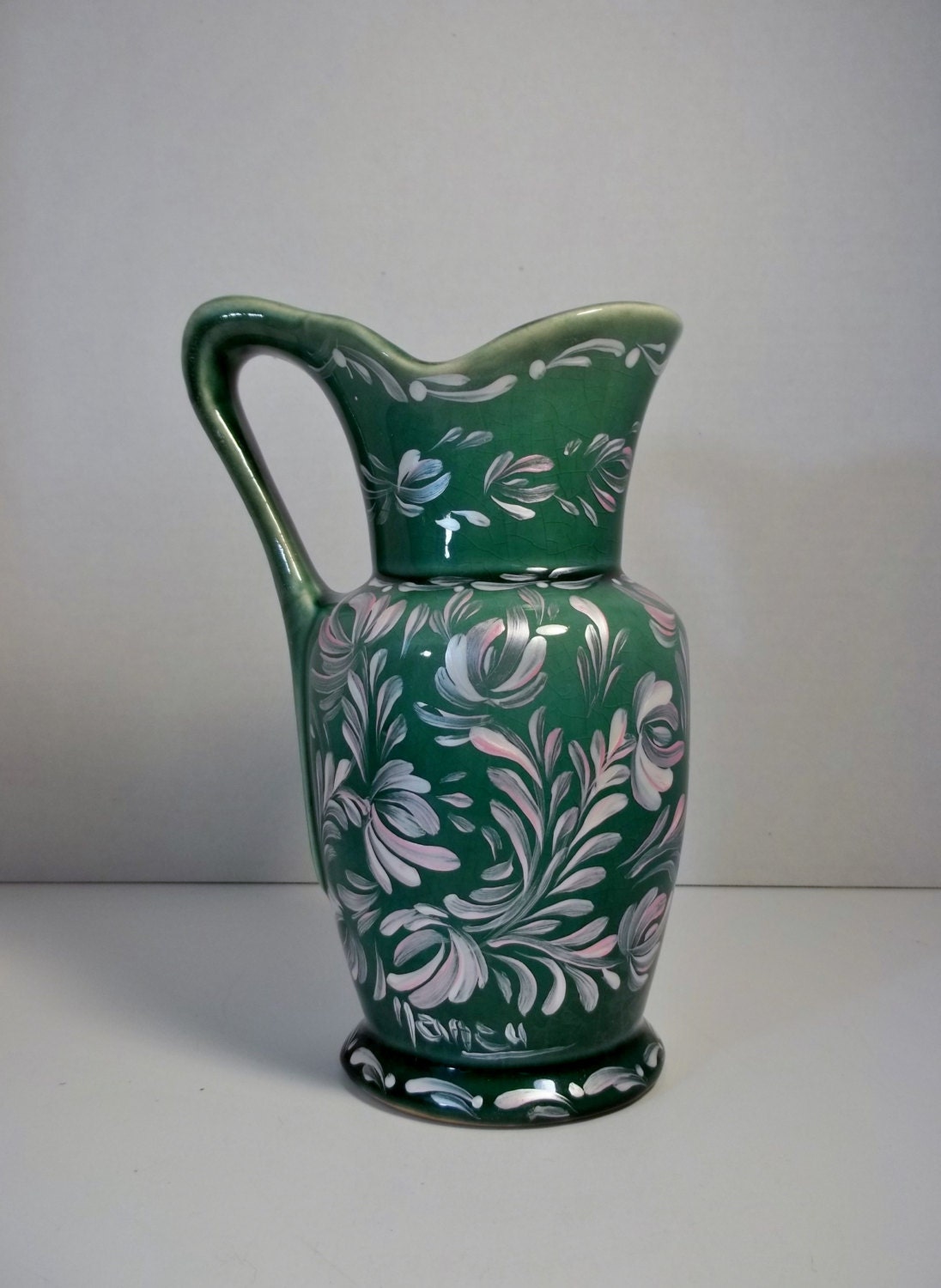 A Vintage Green Pottery Pitcher Hand Painted by FolkArtByNancy