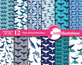 Whale papers, Whale tail scrapbook papers, Nautical papers, commercial use, Scrapbook, instant download, AMB-399