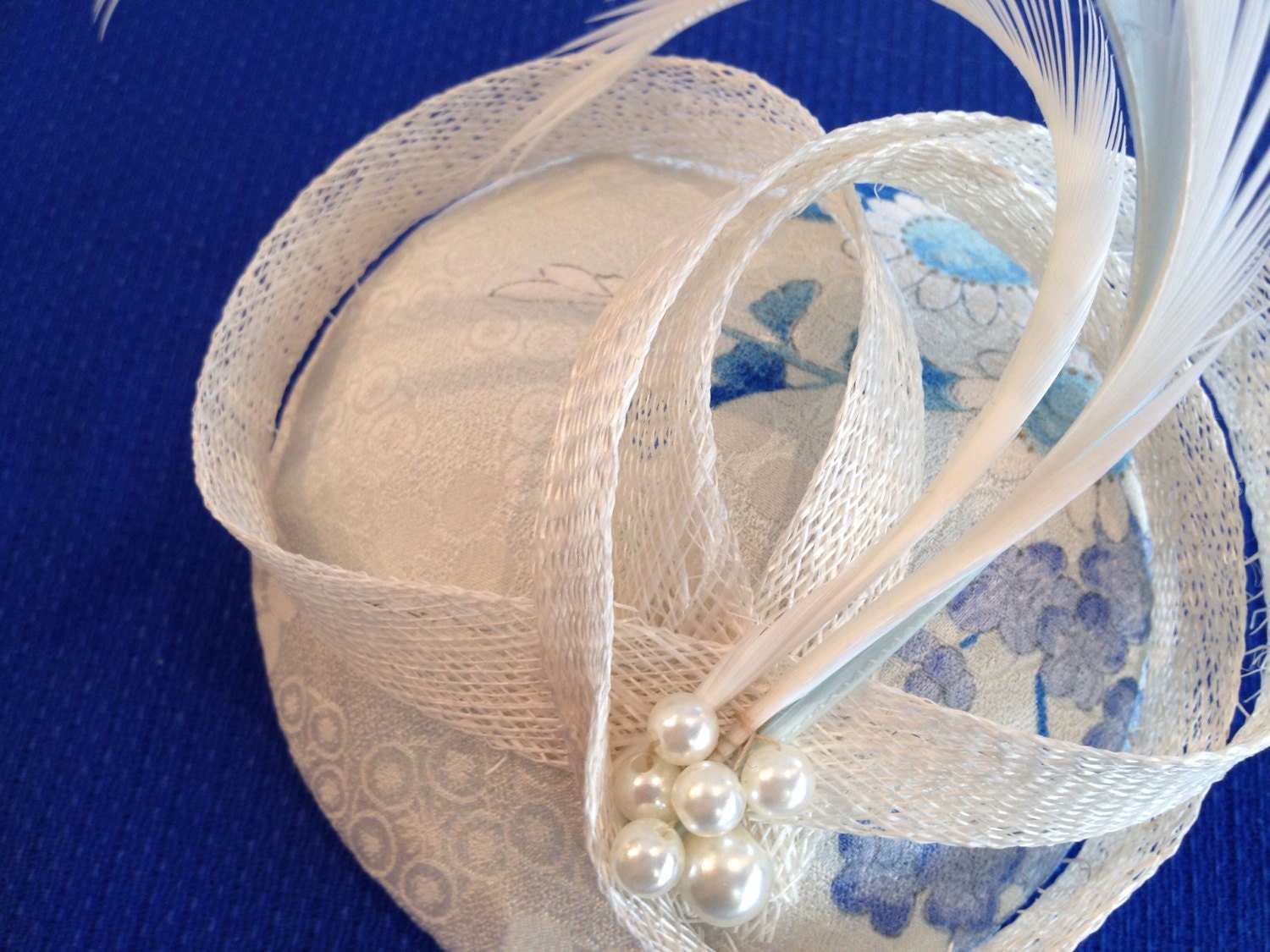 Beaded blue and white fascinator