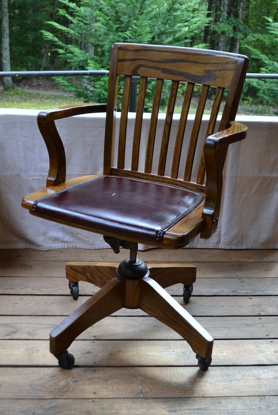 Vintage Wood Oak Office Chair Swivel Wheels Vinyl Seat Brass