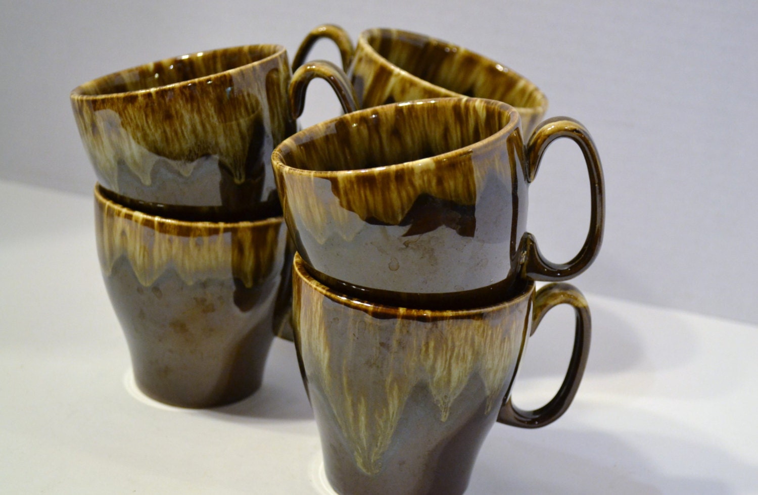 Vintage Brown Drip Glaze Mugs Cups Set of 6 USA Pottery