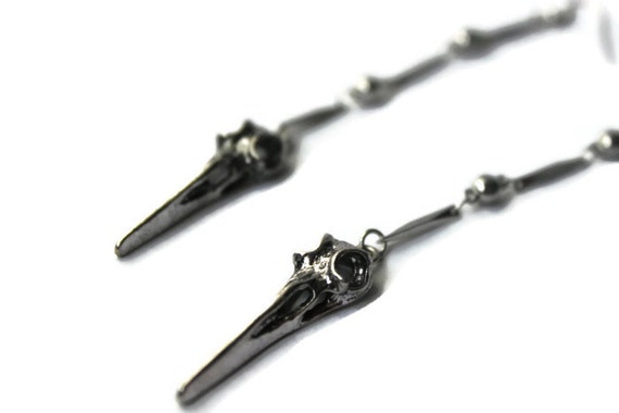 Silver Raven Skull Jewelry - Super Long Dangle Earrings - Glam Goth, Alternative - Bird Skull - Hypoallergenic, Stainless Steel