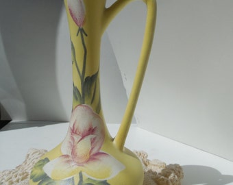 Porcelain Yellow Vase with Red Rose Antique