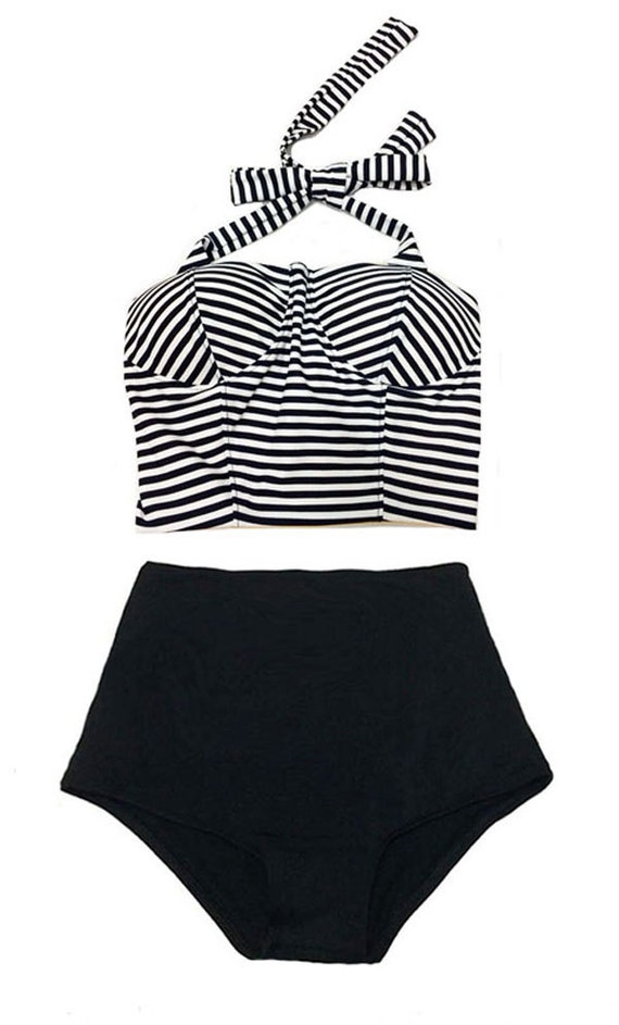 White/Black Stripe Long Top and Black Shorts Bottom Two-piece