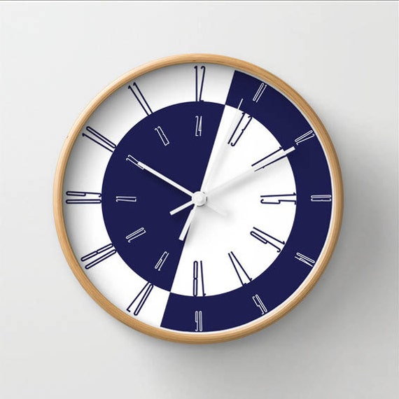 Bue navy wall clock nautical white and blue wooden clock round