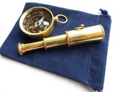 Brass Telescope & Compass Gift Set w/ Velour Bag ~ Pendant, Keychain ~ Nautical Maritime Brass Telescope & Compass Gift Set w/ Velour Bag ~ Pendant, Keychain ~ Nautical Maritime