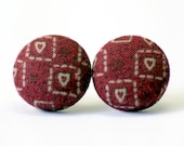 Maroon Hearts Silver Post Earrings (Set of 2) ~ Button Earrings ~ Fabric Button ~ Covered Button - 18mm (0.71 inch)