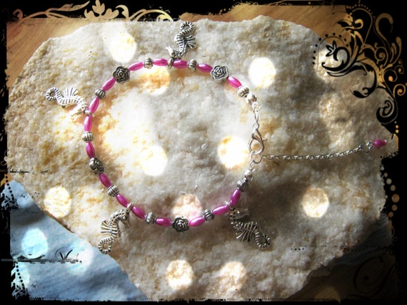 Handmade Silver Anklet with Pink Pearls, Seahorses & Roses by IreneDesign2011