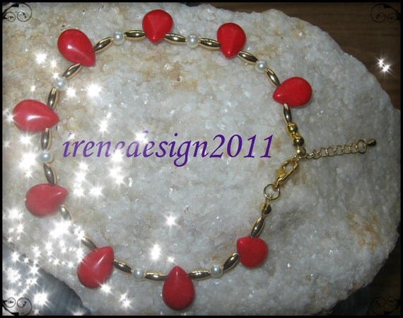 Gold Anklet with Red Howlite Drops & White Pearls, Adjustable