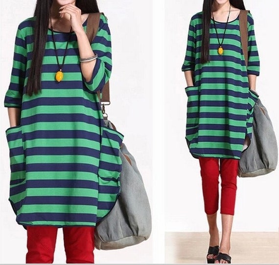 two color Loose Fitting Linen Long Striped shirt big by clothnew88