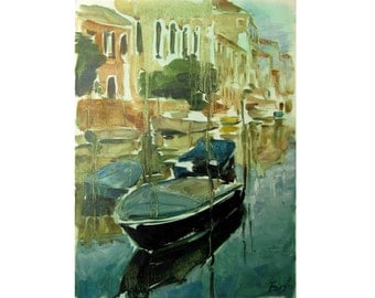 Landscape with boats - Venetian landscape - original oil painting on paper