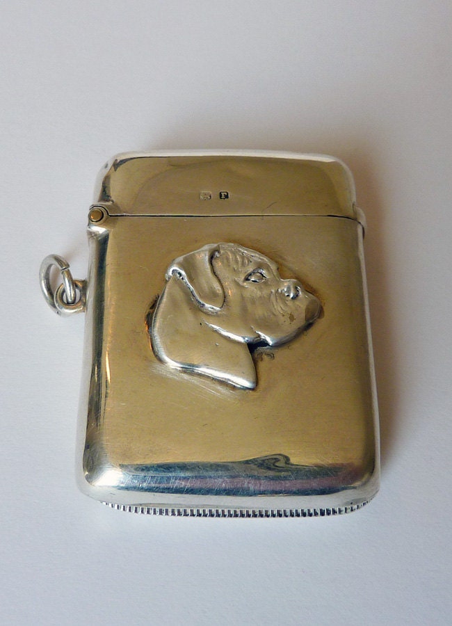 Antique Sterling Silver Vesta Case/Match Safe With Boxer Dog