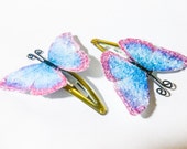 Set of Two Diamond Dusted Baby Blue & Pink Butterfly Hair Clips ~ Pretty Pastel Butterfly Hair Clips ~ Pink and Blue Butterfly Barrettes ~
