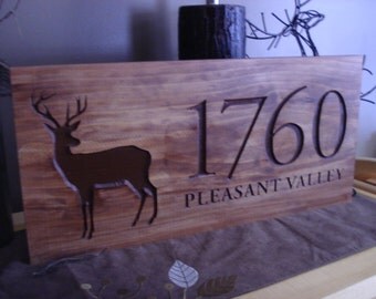 Wood Carved Address Plaque Rustic Family Last Name Welcome Deer Silhouette carved Wooden Sign Cottage Cabin Decor Doe Buck Benchmark Signs