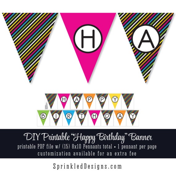 Printable Happy Birthday Party Pennant Banner - 10x8 Large Flag - Neon ...