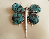 Vintage Sterling Silver Turquoise Butterfly/Dragonfly Brooch/Pendant