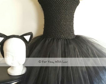 Black cat tutu costume, party dress with tail and headband.